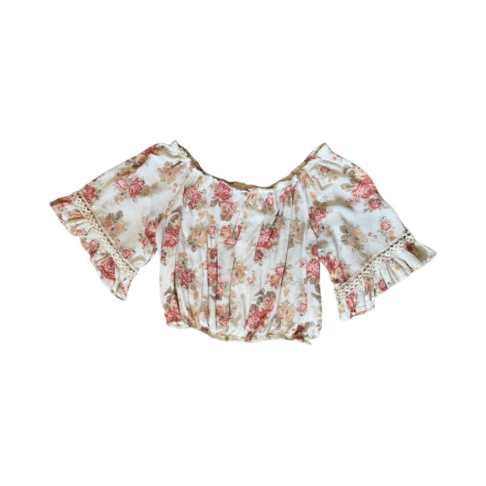 a'gaci Cream Floral Off-Shoulder Crop Top with Pink Rose Print